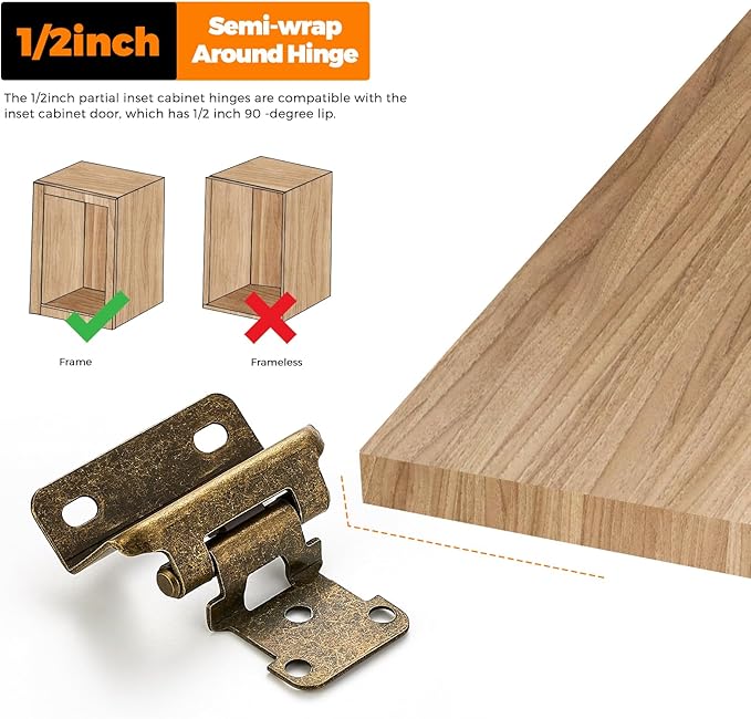 Ravinte 10 Pack 5 Pairs Semi-Overlay 1/2 inch Self-Closing Face Frame Cabinet Hinges Antique Brass Half Wrap-Around Kitchen Cabinet Door Hinges Face Mount Cabinet Hardware