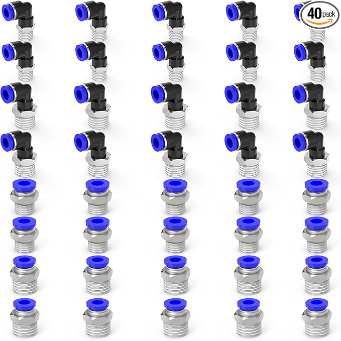 Nickel-plated Iron 1/4"Tube OD 40Packs Quick Release Connectors Elbow and Straight 1/8"NPT 1/4"NPT Thread Push to Connect Tube Fittings Kits