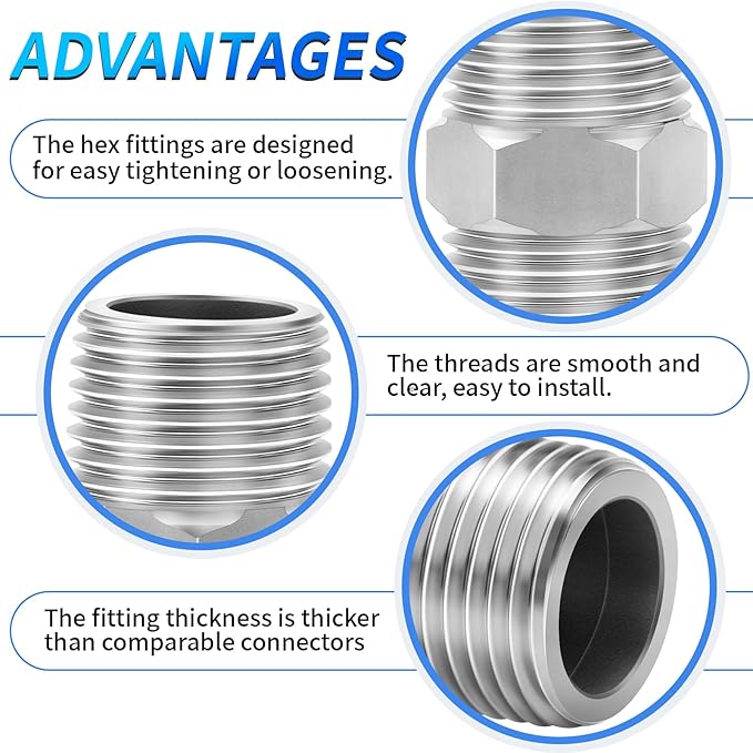 ChillWaves 304 Stainless Steel Pipe Fitting, Hex Nipple 2" NPT Male x 2" NPT Male Thread Adapter(1-PACK)