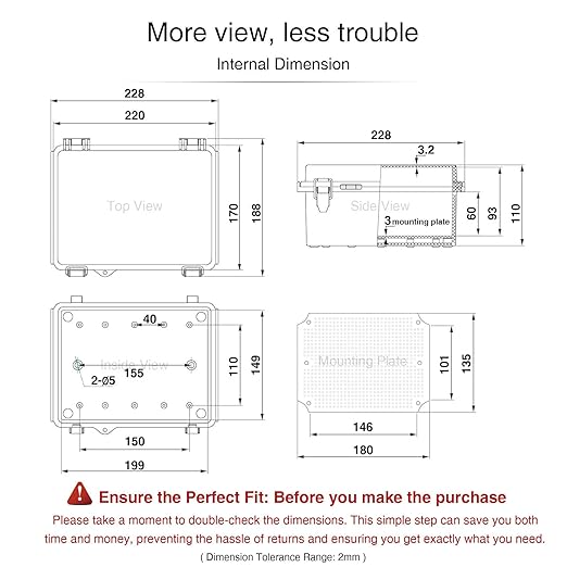 QILIPSU Waterproof Junction Box IP67 Outdoor Plastic Electrical Project Enclosure Weatherproof with Mounting Plate, Wall Brackets, Hinged Grey Cover 8.6"x6.7"x4.3"