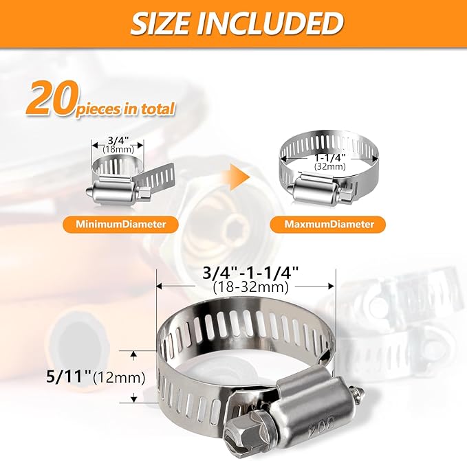20 Pack Worm Gear Hose Clamp, Adjustable from 3/4 Inch to 1-1/4 Inch (18-32mm) Stainless Steel Fuel Line Hose Clamps, Metal Fuel Line Hose Clamps for Automotive Plumbing And Mechanical Application