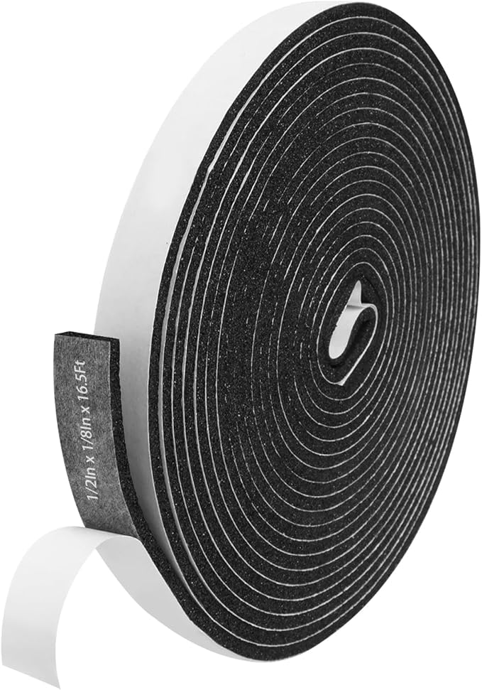 Storystore Foam Insulation Tape Self Adhesive, 1/2In x 1/8In x16.5Ft Weather Stripping for Doors and Windows, Sound Proof Soundproofing Door Seal, Weatherstrip, Air Conditioning Seal Strip
