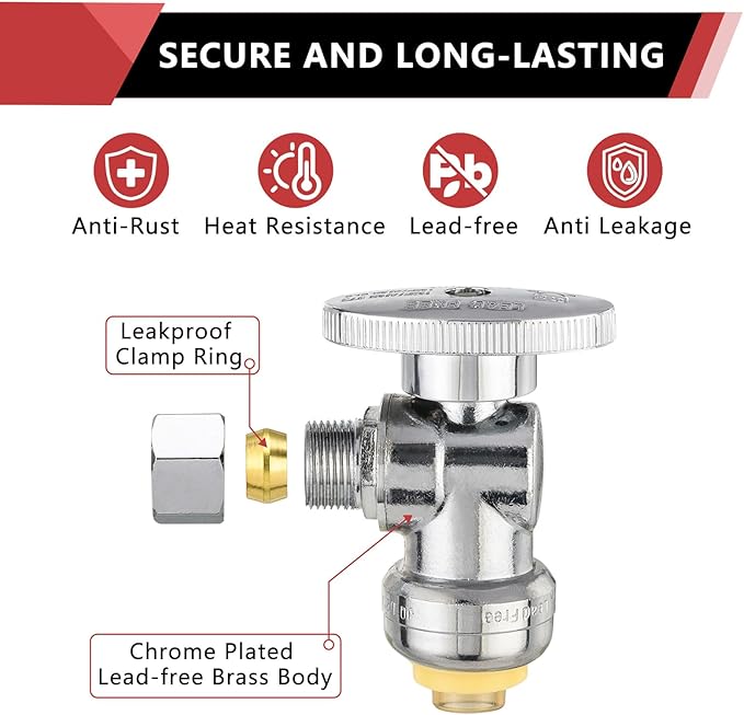 EFIELD Push Fit 1/4 Turn Angle Stop Valve Water Shut Off 1/2 Push x 3/8 Inch Compression Chrome With Disconnect Clip,(PF-VALVE028)