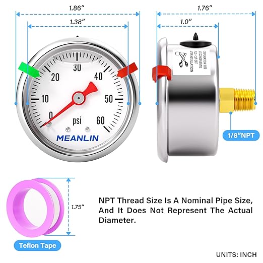 MEANLIN MEASURE 0~60Psi Pressure Gauge, Glycerin Filled 1/8" NPT 1.5" FACE DIAL, Stainless Steel Liquid Filled Pressure Gauge WOG Water Oil Air Back Mount (with 2PCS Snaps)