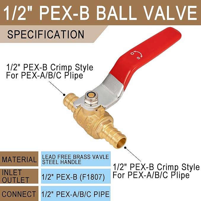 [20 Pieces] Lingmfg 1/2" PEX-B Crimp Ball Valve Shut Off Valve LING-BV1-1/2F1807-20