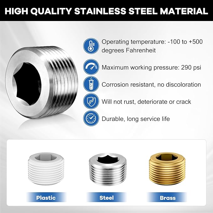 Stainless Steel Internal Hex Countersunk Male Thread Pipe Plug Connector, 3/4" NPT Male (pack of 5)