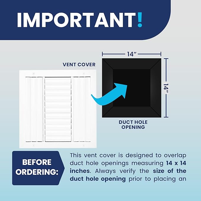 14x14 Inch (Duct Opening) Aluminum 3-Way Air Flow Vent – HVAC Vent Cover for Wall or Ceiling – Quiet HVAC Wall Register with Multi-Shutter Damper – Adjustable Curved Blade - Plastic Seal for Tight Fit