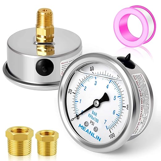 MEANLIN MEASURE 0~100Psi Stainless Steel 1/4" NPT 2.5" FACE DIAL Liquid Filled Pressure Gauge WOG Water Oil Air Center Back Mount, with 1/2" NPT and 3/8" NPT Hex Bushing