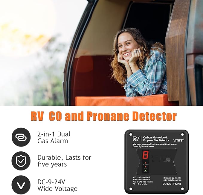RV Carbon Monoxide & Propane Detector, Replacement for Old RV Gas Detector #31011, 2 in 1 Dual CO/LP Gas Alarm, Hardwired - VDC 12V, Flush Mount, Black