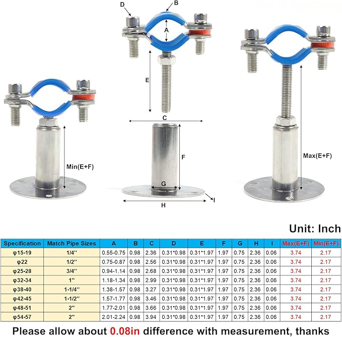Kodilin 4PCS 304 Stainless Steel Wall Mount Ceiling Mount Pipe Supports,Suitable for OD Pipe 3/4"(25-28mm),Adjustable Height 50-100mm,Adjustable Pipe Strap Clamp with Screws