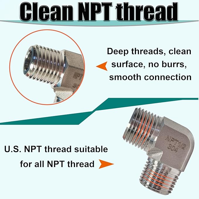 2pcs 90 Degree Street Elbow, 304 Stainless Steel Forged Barstock Street Elbow Adapter, Heavy Duty 1/2" NPT Male x 1/2" NPT Male Pipe Fitting Connector, 5800PSI (1/2" MNPT x 1/2" MNPT)