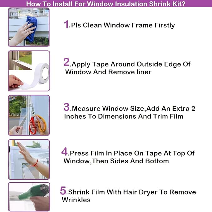 Indoor Window Insulation Kit, Clear Window Film for Heat and Cold (10 Windows(62x420))