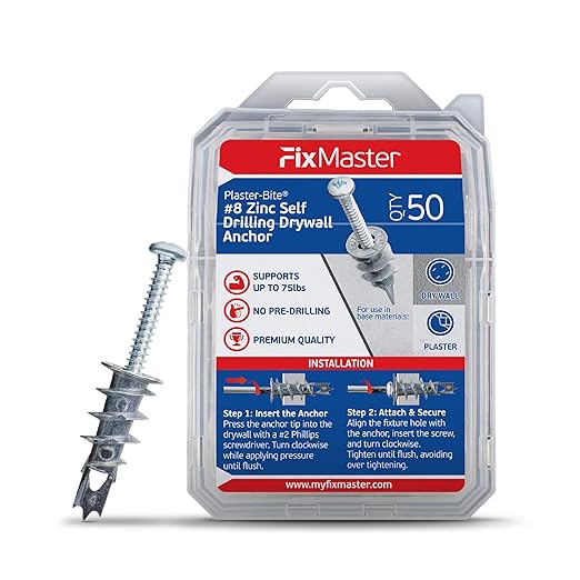 Zinc Plaster Bite Self-Drilling Drywall Anchors w/Screws (50 Anchors & 50 Screws) – Heavy Duty Zinc Hollow Wall Anchor Kit for 3/8", 1/2", 5/8" Drywall – 75 lbs Holding Strength