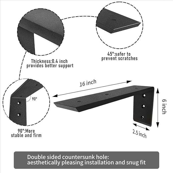 Granite Countertop Support Brackets Heavy Duty L Bracket 16 Inch 0.4 Inch Thick Wall Mounted Support Hidden Brackets 16"x6"x2.5" for Quartz/Granite/Wood/Concrete/Laminate Countertops (3pack)