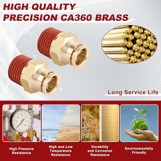 1/2" Quick Push to Connect Fittings Brass Union Straight Joint DOT Approved 1/2" Tube OD x 1/2" NPT Thread Air Line Adapter Air Suspension Kit for Truck Trailers and Air Brake System 10pcs