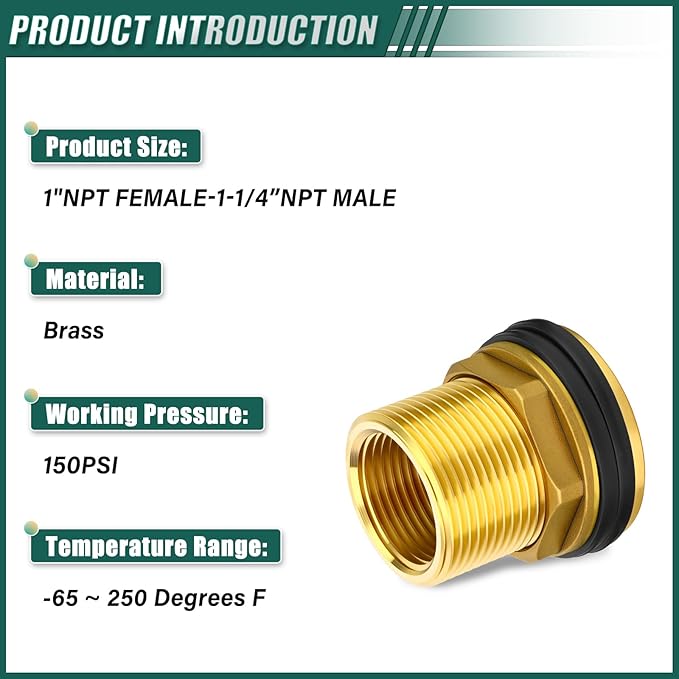 Brass Water Tank Connector Bulkhead Tank Fitting, 1" NPT Female 1-1/4" NPT Male, with Rubber Ring, for water towers/water inlet/outlet/various pipes/fittings,etc.
