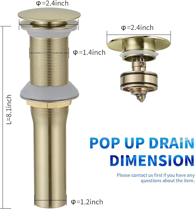 BWE Bathroom Vessel Sink Drain Stopper with Overflow One Piece Pop Up Drain Assembly with Strainer for Bathroom Vessel Vanity Faucet Brushed Gold