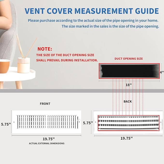 18x4 Vent Register [Duct Opening], Vent Covers for Home Ceiling, Two-Way Ventilation Register, Adjustable Solid Steel Wall Register Vent Cover (18"W x 4"H [Duct Opening])
