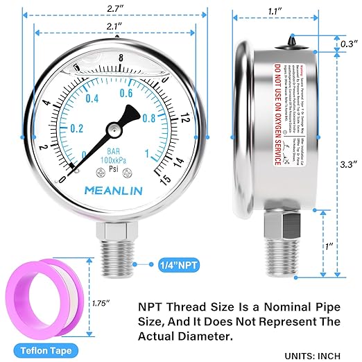 MEANLIN MEASURE 0~15Psi Liquid Filled Pressure Gauge Stainless Steel with 316 Stainless Steel Joint 1/4" NPT 2.5" FACE DIAL for Water Oil Air Well Pump Tank Tire Pressure Test Lower Mount
