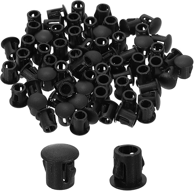uxcell 100Pcs Plastic Hole Plugs, 5mm(3/16") Flush Type Panel Plugs, Round Snap Knockout Locking Plugs for Furniture Insert End Caps Panels, Black