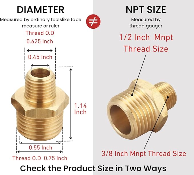 1/2 Inch Male to 3/8 Inch Male NPT Adapter, Brass Reducing Hex Nipple, Thread 0.75" OD to 0.625" OD, Pack of 4