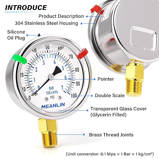 MEANLIN MEASURE 0~100Psi Liquid Filled Pressure Gauge Stainless Steel 1/4" NPT 2" FACE DIAL for Well Pump Water Tire Water Pressure Tester Lower Mount, with Hex Bushing and 2PCS Snaps