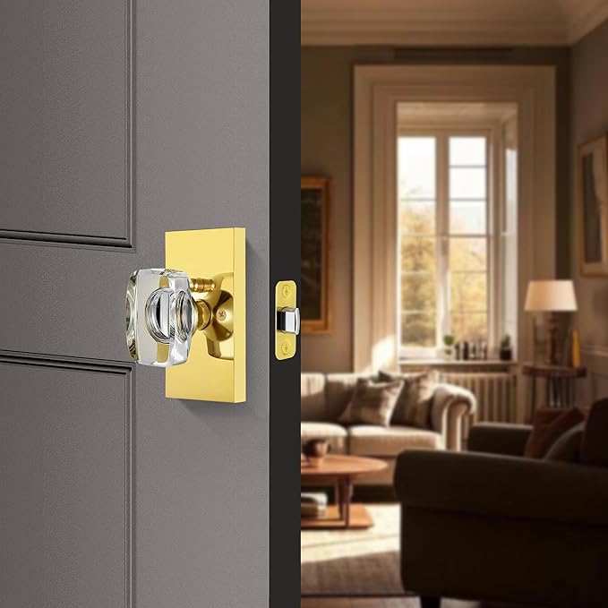 Polished Gold Adjustable Door Latch 60 or 70mm, 45° Turning Angle, Door Lock Replacement Parts with Door Strike Plate, Wood Dowel, Dust-Boxes