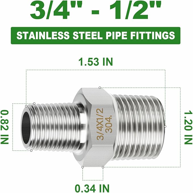 TAISHER 5PCS 304 Stainless Steel New Hex Nipple, 3/4" NPT Male x 1/2" NPT Male, Reducing Pipe Adapter Fitting