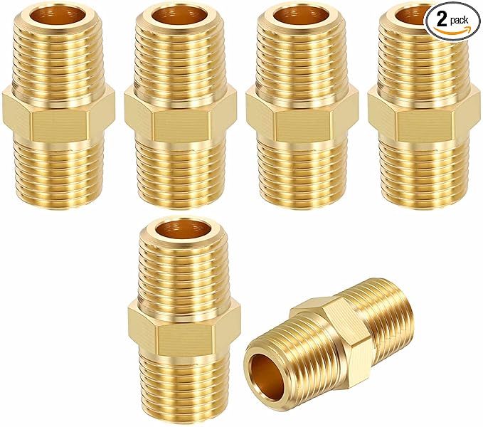 2 Pack Brass Pipe Fittings, 1/8" NPT Male to 1/8" NPT Male Brass Hex Nipple, Male Pipe Adapter Reducer for Air, Oil, LP