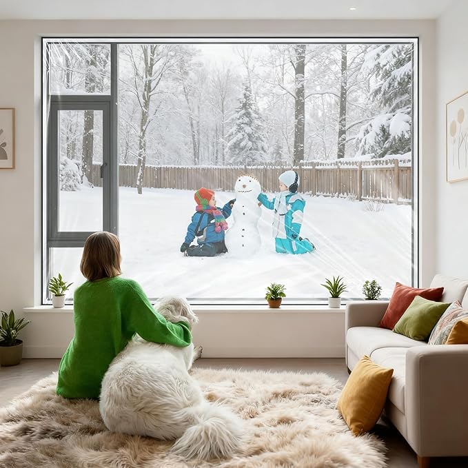 Reusable Window Insulation Kit 87 in x 20 ft Thick 180μm Adjustable Clear Plastic Film with Adhesive Straps Easy to Install & Remove for Winter Energy Saving