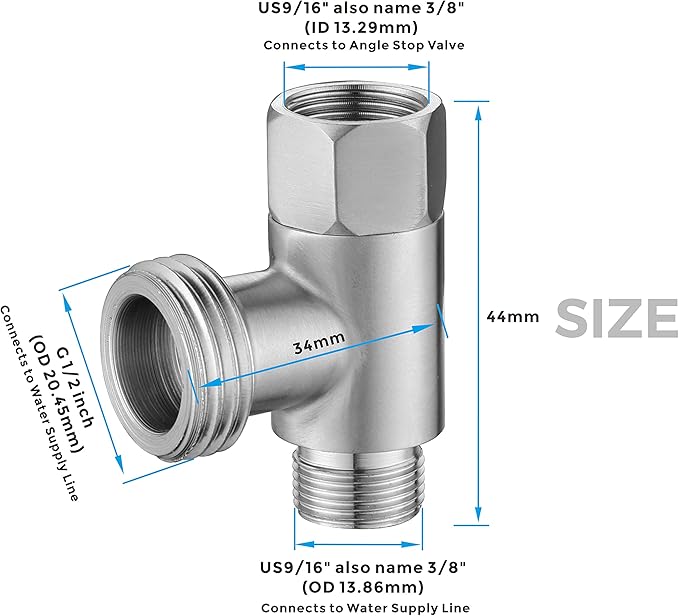 3/8 x 1/2 Adapter T Connector, ADD-A-Tee Adapter 3 Way Valve 3/8 Tee Compression, Stainless Steel Splitting Water Supply T Pipe Fitting for Bidet Hose, Angle Stop Valve T Connector