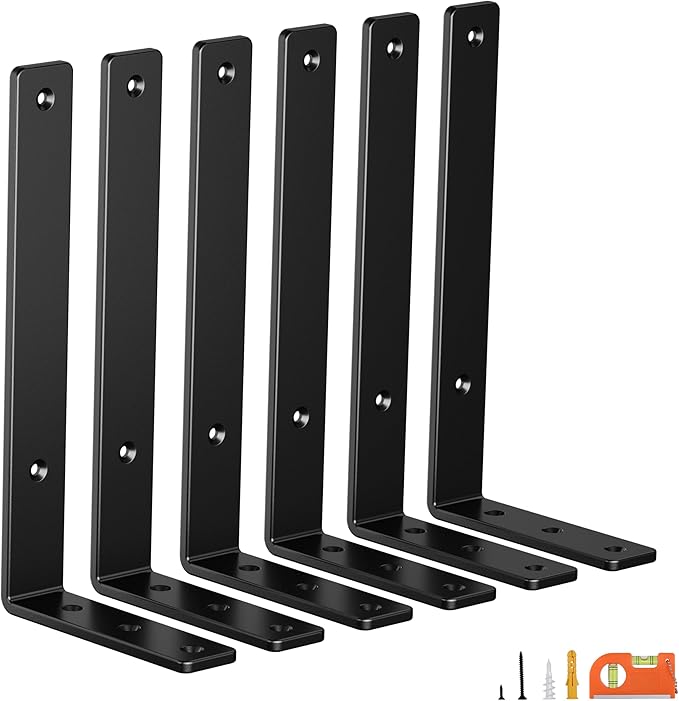6-Pack 8 Inch Heavy Duty Shelf Brackets, Premium Floating L Bracket for Wall, Kitchen, Mantel Shelves Support | Quarter Inch (1/4") Thick | Black Powder Coated Steel