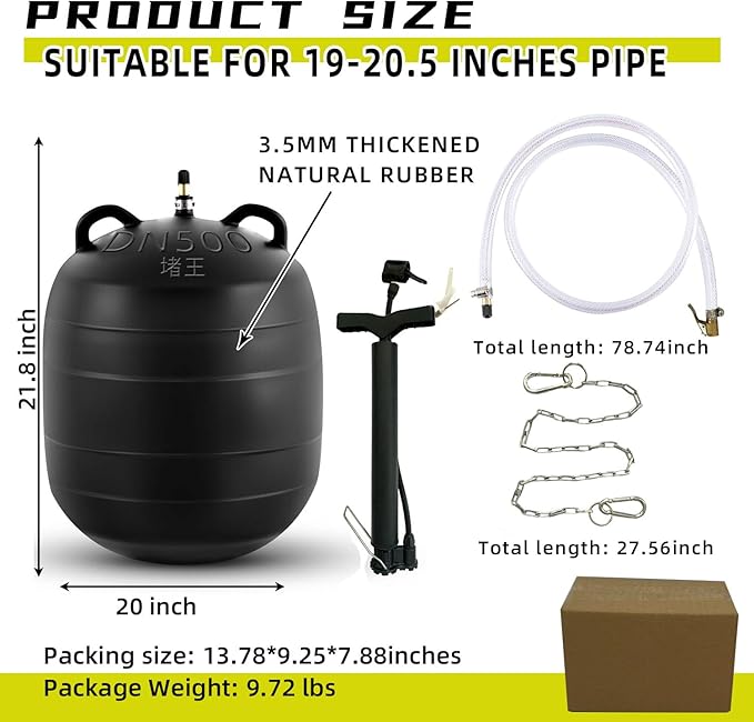 Test-Ball Pipeline Plugging Air Bag,Sewer Test Plug，Water Shut Off Airbag, Rubber Plumbing Balloon，Inflatable Pipe Test Plug，Used for Drainage Pipe, Sewage Pipe Temporary Water Blocking (20 Inchs)