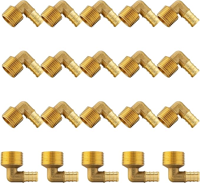 (20-Pack) PEX Fittings, Pex 1/2" x 3/4" Male Threaded NPT Elbow Adapter, Brass Crimp Fittings, for PEX Tubing Pipe Plumbing, ASTM F1807(PEX1807103-20Pack)
