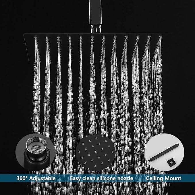 12 Inch Ceiling Mount Matte Black Shower System Bathroom Luxury Rain Mixer Shower Combo Set Ceiling Rainfall Shower Head System (Contain Shower Faucet Rough-in Valve Body and Trim Kit)