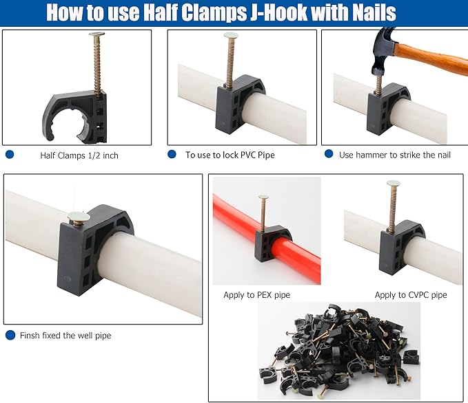 WHK 162 PACKS 1/2 Inch PEX Pipe Bend Support Bracket 1/2" Inch Pex Clamps Half Clamps J clips for PEX pipe Tubing Fix,Crimp,Supporting and Lock Mount.