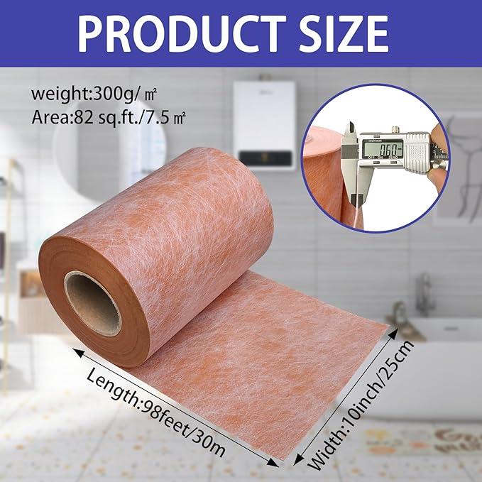 Waterproof Membrane 9.8 Inch X 98.5 Ft / 83.6 Square Feet Waterproofing Shower Membrane 23.6mil Thickness Waterproof for Sauna Bathroom Walls Tile Underlayment Polyethylene Fabric Roll