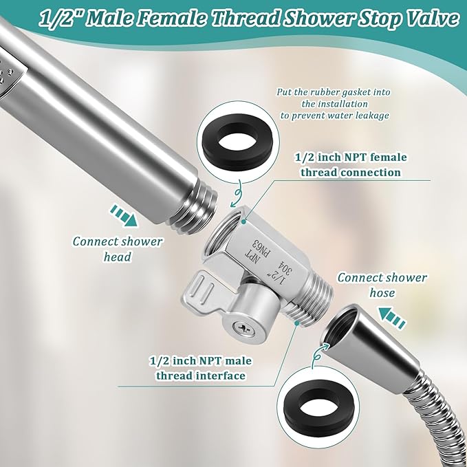 Shower Head Shut Off Valve 304 Stainless Steel Mini Ball Valve(1/2" Female X Male) NPT Thread Water Flow Control，RV Shower Head with Hose Flow Restrictor
