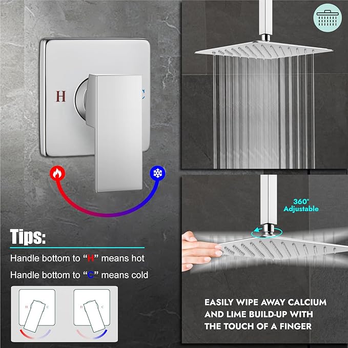 Heyalan Shower Faucet Set Square Stainless Steel Bathroom Rainfall Shower System One Handle Single Function Shower Trim Kit with Rough-in Valve Male Thread,Ceiling Mount,12 Inch,Polish Chrome