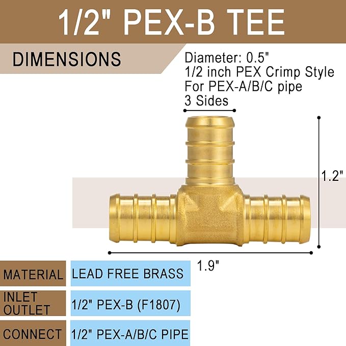 [10 Pieces] Lingmfg Pex Fittings 1/2 Inch Tee, 1/2 Inch Pex F1807 Crimp Brass