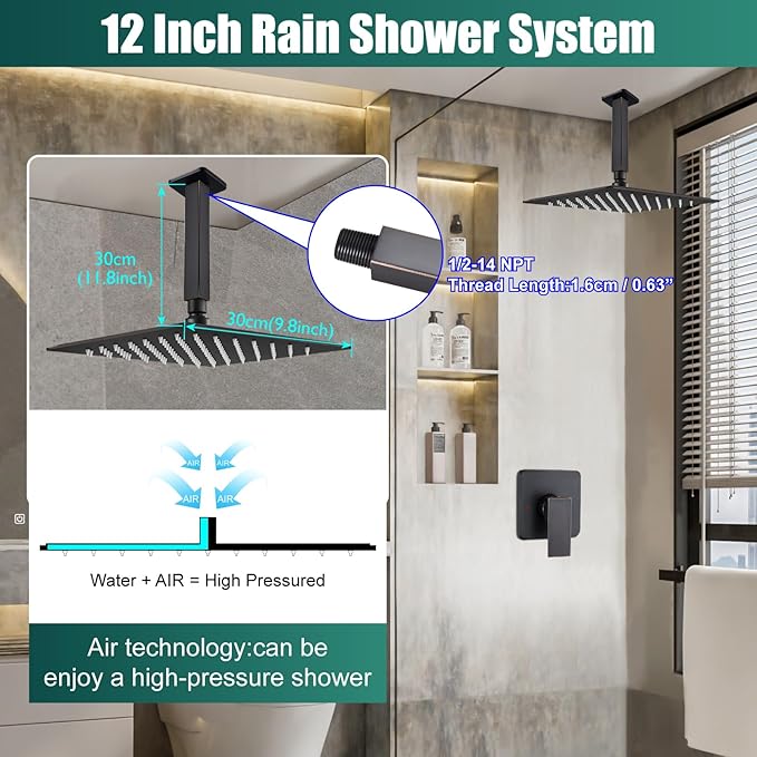 Heyalan Shower Faucet Set Square Stainless Steel Bathroom Rainfall Shower System One Handle Single Function Shower Trim Kit with Rough-in Valve Male Thread,Ceiling Mount,12 Inch,Oil Rubbed Bronze