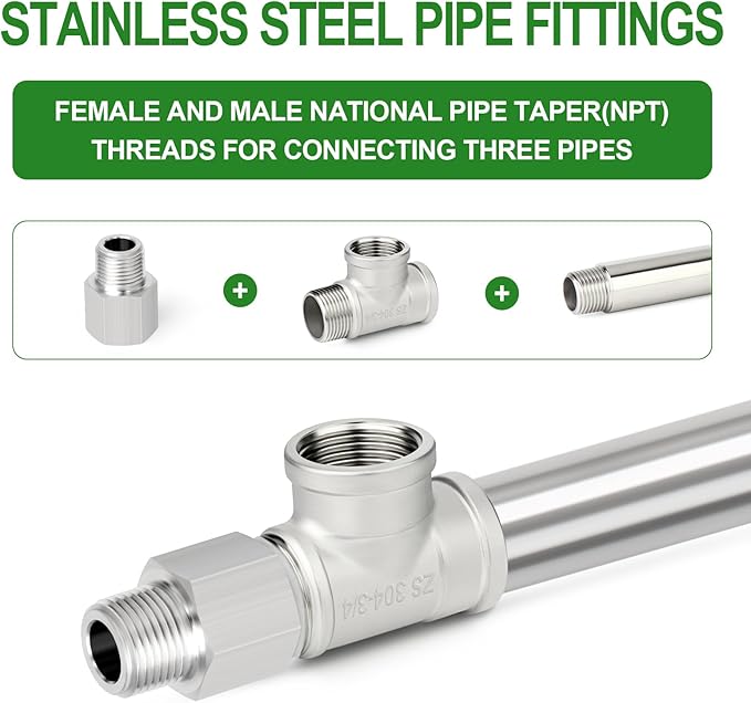 TAISHER 5PCS 304 Stainless Steel Tee Pipe Fittings, 3/4" NPT Female x 3/4" NPT Female x 3/4" NPT Male Pipe Fittings, Male Run Tee