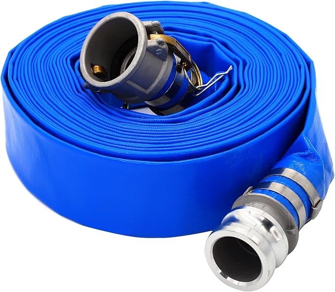 DAVCO 1.5" ID × 50 ft Pool Backwash Hose, Heavy Duty Reinforced Blue PVC Lay Flat Water Discharge Pump Hoses For Swimming Drain Pools and Clean Filters, with Aluminum Camlock C and E Fittings