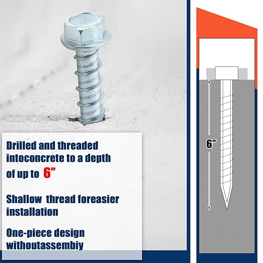 Tandefio 40 Pack 3/8" x 6" Concrete Screw Anchor Galvanized Large Diameter Heavy Duty Plated Concrete Anchors for Masonry Brick Anchoring Block Decking Framing Hex Drive