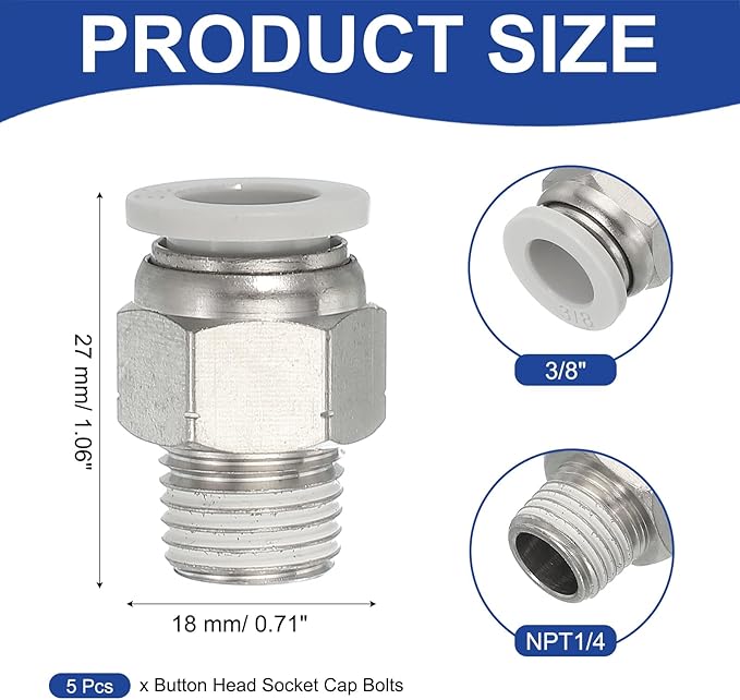 MECCANIXITY 5 Pcs NPT Push to Connect Air Fittings, Male Straight 3/8" Tube OD x 1/4" NPT Thread Air Quick Connector Coupling Adapter for Gas Hose Pneumatic Tools White