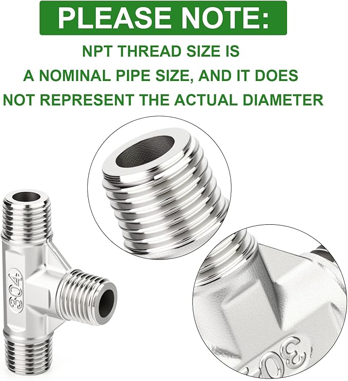 TAISHER 2PCS 304 Stainless Steel Tee Pipe Fittings, 1/4" x 1/4" x 1/4" NPT Male Pipe Fittings