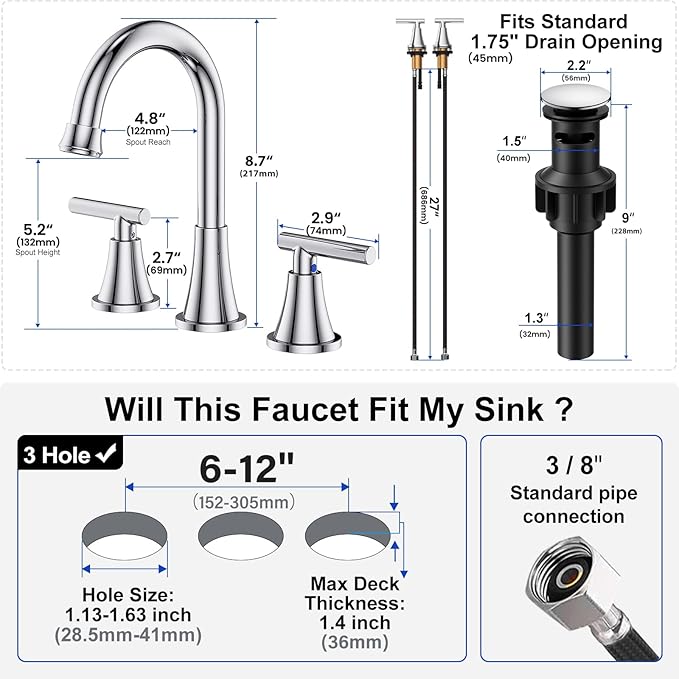 Bathroom Faucets for Sink 3 Hole, Hurran Chrome Bathroom Sink Faucet with Pop-up Drain and Supply Lines, Stainless Steel Lead-Free Widespread Faucet for Vanity RV Farmhouse Sink