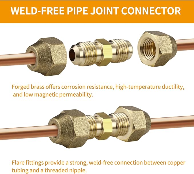 1/4" and 3/8" Copper Pipe Extension Joint Connectors, 2 Packs AC Pipe Connectors with HVAC Flare Nuts, Free Welding copper flare fittings, Air Conditioning Pipe Coupling Adapters for Butt Copper Tube