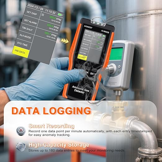 Ammonia NH3 Gas Detector Handheld Ammonia Sensor, AIOMEST Medidor Amoniaco Meter AI-9000B Monitor NH3 Air Level 100PPM w/Data Logging & Alert, Temperature Humidity for Horse Stall Poultry Farm