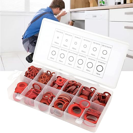 Fiber Flat Washers, Washer Assortment, Insulation Assorted Fiber Washers, High Temperature Rubber Flat Washer, Red Steel Washer Plumbing Kit with Plastic Box, 600pcs, 12 Sizes